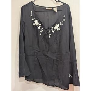 Women's black sheer long sleeve top with bell sleeves & white floral embroidery